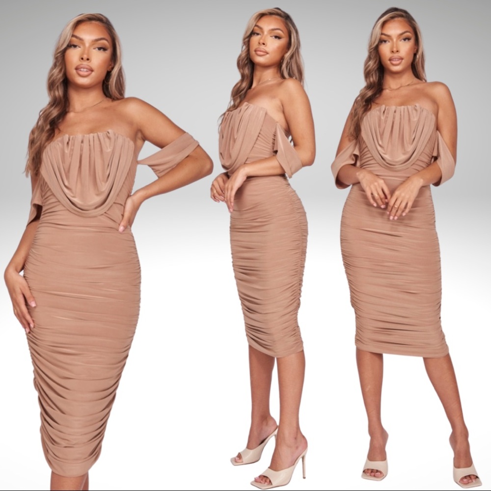 Off the shoulder- Midi Dress -Tan